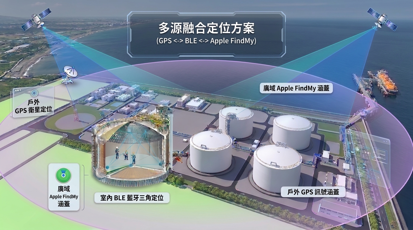 多源融合定位方案示意 — 七接 LNG 儲槽場域整合戶外 GPS 衛星定位、室內 BLE 藍牙三角定位與廣域 Apple FindMy 涵蓋
